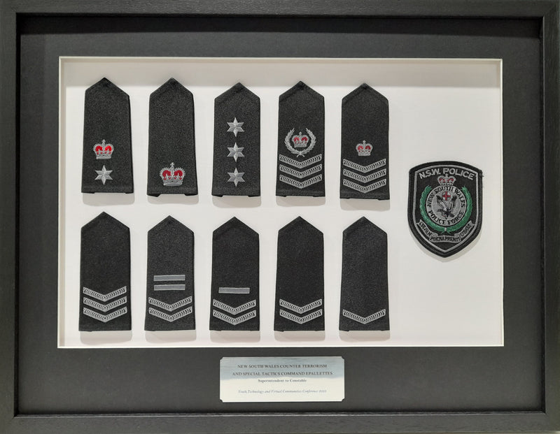 Framed display of police rank insignia and badge on a white background