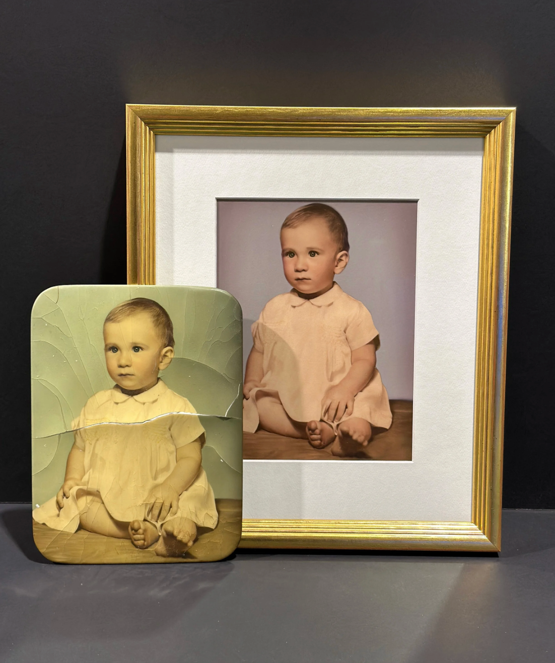 Restored Framed and unframed vintage photograph of a child 